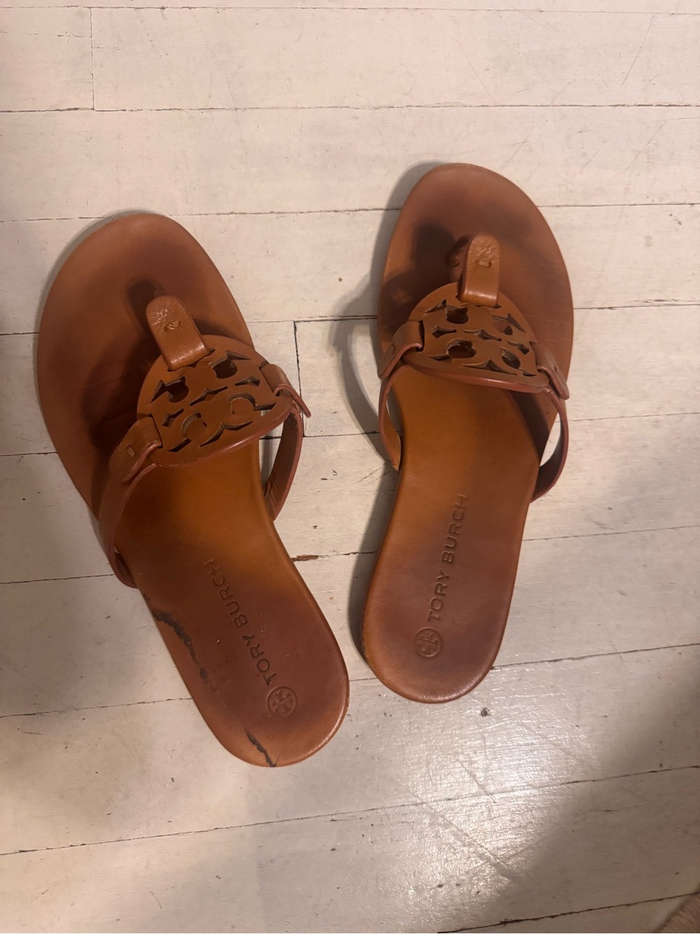 Tory Burch Tan Leather Logo Thong Sandals